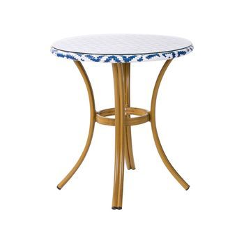Mesa De Jardín Azul Y Blanco Tablero De Ratán Pe Ø 70 Cm Estructura De Vidrio Y Aluminio Rifreddo