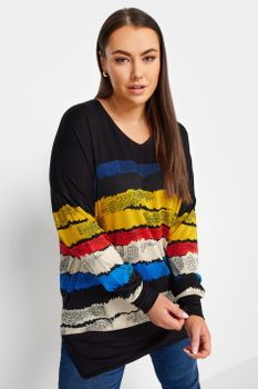 Yours Top Negro De Pico Con Franjas De Colores, Mujer Curvy Y Tallas Grandes, Yours