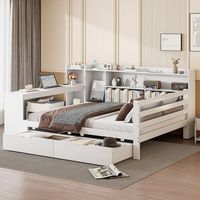 sofa-cama de madera maciza 140x200 cm con escritorio estanterias compartimientos de almacenamiento y estanterias con 2 grandes casillas blanco