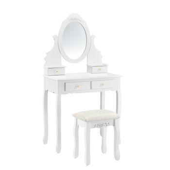 Juego De Tocador Limerick Con 4 Cajones + Espejo Ovalado + Taburete Acolchado Mdf 141 X 75 X 40 Cm - Blanco [en.casa]