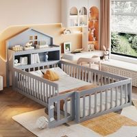 cama infantil tipo casa gris de 90 x 200 cm con barandilla y almacenaje