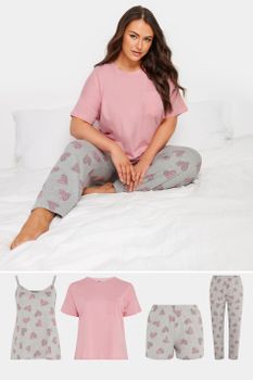 Yours Conjunto 4 Prendas Pijama Gris Y Rosa Algodón Con Corazones