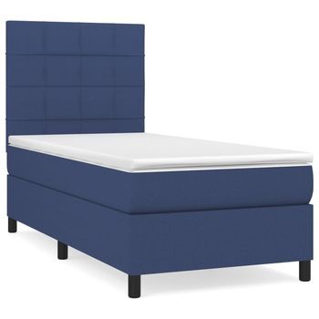 Cama Individual | Cama Para Adulto | Cama Box Spring Con Colchón Tela Azul 80x200 Cm