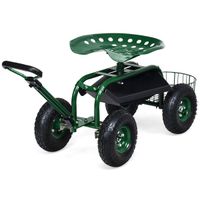 costway carro orientable para jardin con asa extensible cesta de almacenamiento asiento ajustable 2 bandejas de herramientas verde