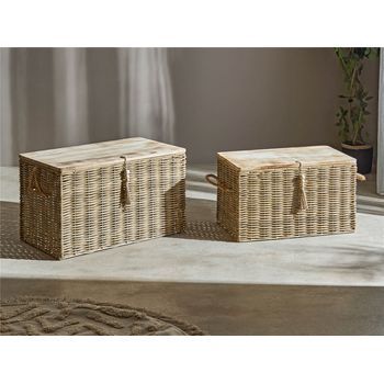 Baul Mimbre Con Tapa Madera Natural 70x40x40 Cms. S/2