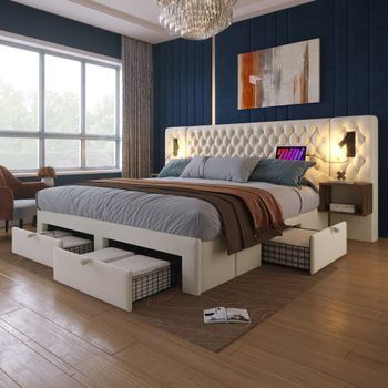 Cama Doble 160x200 Cm De Terciopelo Beige Con 2 Mesitas, 4 Cajones Y Luces