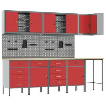 Conjunto De Armarios De Trabajo Con Cajón 12 Uds. Rojo Y Gris Vidaxl