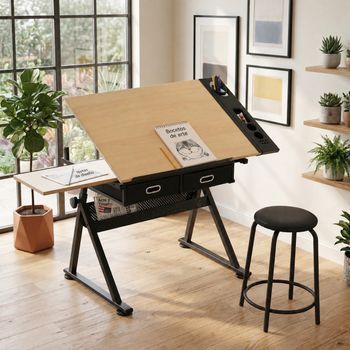 Mesa De Dibujo Ajustable Con Taburete, Tablero Inclinable 0–75° Y Altura 69–91 Cm