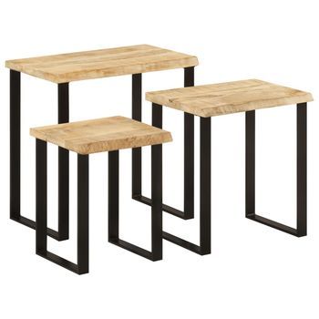 Set De 3 3 Uds Mesas Apilables | Mesita Auxiliar | Mesa De Café Con Borde Natural Madera Maciza Mango
