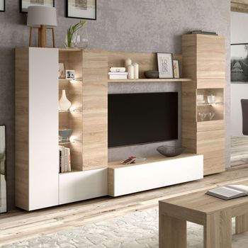 Mueble De Salón Modular Compuesto Por Un Módulo De Mueble Tv Bajo De Una Puerta, Dos Vitrinas De Tres Puertas Y Luces Led Con Balda Central, Color Roble Con Inserciones En Blanco Brillo, 260 X185 X 42 Cm.