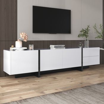 Mueble De Tv, Diseño Sencillo, Paneles Color Block Con Patas, Blanco Y Negro, Con Puertas Y Cajones, Panel De Aglomerado (190x35x45cm)