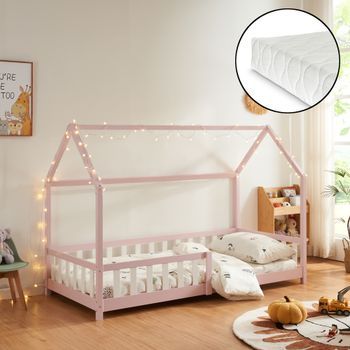 Cama Infantil Hesel En Forma De Casa Con Reja Y Colchón 90x200cm - Rosa [en.casa]