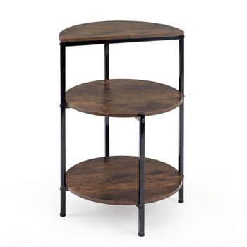 Costway Mesa Auxiliar Industrial Redonda 3 Niveles Estantes Almacenamiento Estructura Metal Dormitorio Salón Espacios Pequeños Marrón Rústico