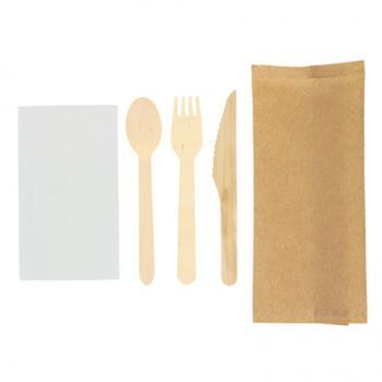 Pack Completo De Cubiertos De Madera Y Servilleta En Bolsa Kraft 500 Unidades