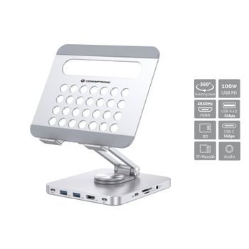 Conceptronic Soporte Docking 8 En 1 USB-C/100W USB PD/HDMI/SD/TF/MicroSD/Audio Base Giratoria 360° Inox