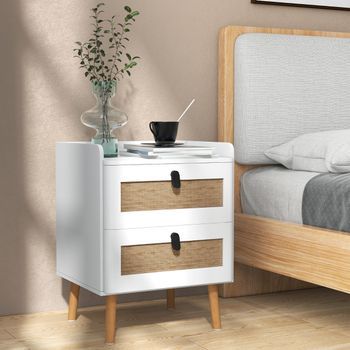 Mesita De Noche | Mesilla De Noche Moderna Con 2 Cajones Y Patas De Madera 45x40x57 Cm Blanca Ratan Decorado Para Dormitorio Y Salón