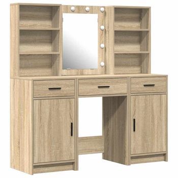 Conjunto De Mesa De Vestidor Con Led 3 Piezas Roble Sonoma
