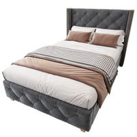cama tapizada 90x200cm cabecero capitone patas de madera terciopelo gris