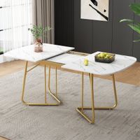 mesa comedor extensible efecto marmol blanco con patas chapadas en oro