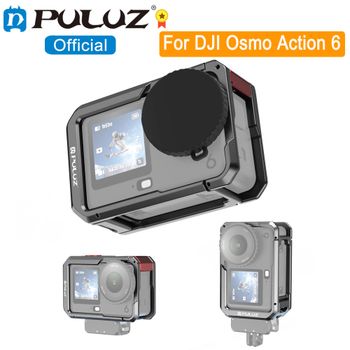 PULUZ para DJI Osmo Action 6 jaula de cámara de doble apertura de Metal marco extensible con tapa de lente de silicona para marco DJI Osmo Action 6