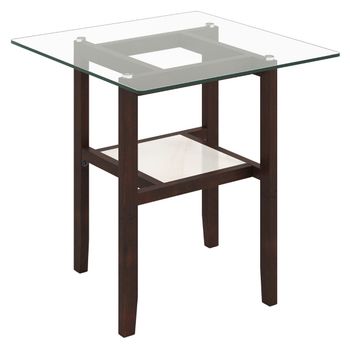Costway Mesa Lateral Cuadrada de Vidrio Marco de Madera de Caucho 61 x 61 x 62 cm Marrón