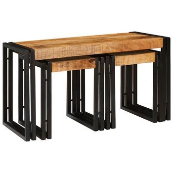 Mesa Nido 3 Pcs Marrón Y Negro Madera De Mango Sólida Y Metal Vidaxl