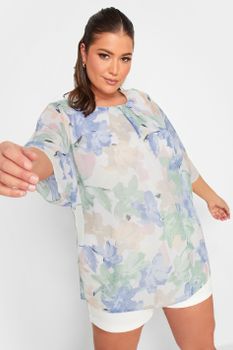Yours Blusa De Flores Azules Manga 3/4, Mujer Curvy Y Tallas Grandes, Yours