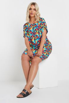 Yours Vestido Fresco Corto De Estampado Retro En Azul Y Rojo, Mujer Curvy Y Tallas Grandes, Yours