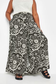 Yours Pantalones Anchos Negros De Flores Con Cintura Elástica, Mujer Curvy Y Tallas Grandes, Yours