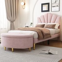 cama 90x200 rosa terciopelo forma concha cabecera ajustable somier lamas madera banco almacenamiento patas metal dorado