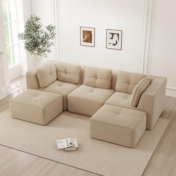 Sofá Esquina Sin Estructura En Forma De U Modular Con Chaise Longue, Sofá Acordonado 3 Plazas Asiento Profundo Sin Montaje, Beige