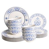 vajilla de 24 piezas de porcelana acabado esmaltado con diseno abstracto para 8 personas comedor cocina blanco y azul galangal