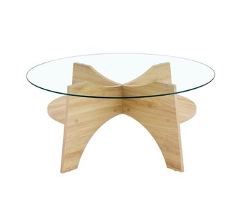Mesa de centro redonda ø80 cm - cristal transparente, estructura mdf en madera natural