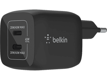 Cargador móvil - Belkin BoostCharge Pro WCH011vfBK, Universal, De pared USB-C® GaN doble con PPS de 45 W, Negro