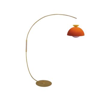 Lámpara de pie arco madera natural metal amarillo pantalla multicolor