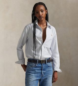 Polo Ralph Lauren para mujer. 211971500001 Camisa Classic Fit Striped Oxford blanco, azul (L), Casual, Algodón, Manga larga