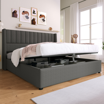 Cama De Almacenamiento Doble Tapizada Hidráulica 140x200cm Con Somier De Listones De Madera, Lino Gris