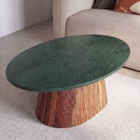 mesa de centro de marmol verde y acacia maciza de 103 cm