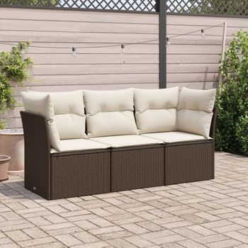 Conjunto Sofás De Jardín 3 Uds | Mueble Jardin Mesa Y Sillas Y Cojines Ratán Sintético Marrón Cfw791332