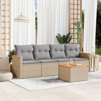 Conjunto De Sofás Jardín Con Cojines 5 Uds | Mueble Jardin Mesa Y Sillas Ratán Sintético Beige Cfw786427