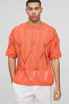 Camiseta Oversize De Punto Con Estampado Abstracto, Naranja