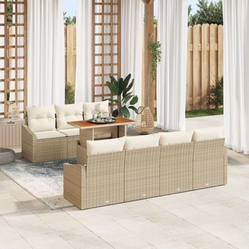 Set De Comedor De Jardín De 8 Piezas Con Cojines Beige Ratán Acacia V9122 Unico / Beige