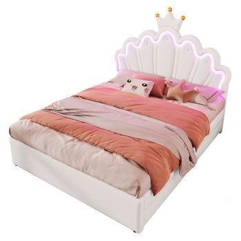 Cama Doble Tapizada Princess De 140x200cm Con 2 Cajones Y Forma De Corona En Pu Blanca