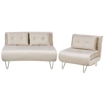 Conjunto De Sala De Estar 3 Plazas De Terciopelo Beige Dorado Cojines Vestfold