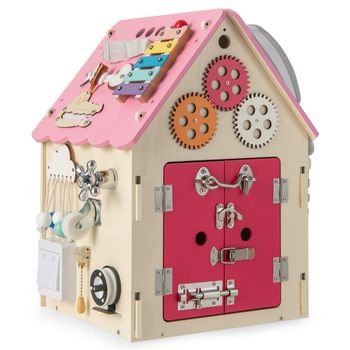 Costway Casa de Actividades de Mader con Juegos Sensoriales y Espacio de Almacenaje Interior Juguete Educativo para 3+ Años 33 x 33 x 45 cm Rosa
