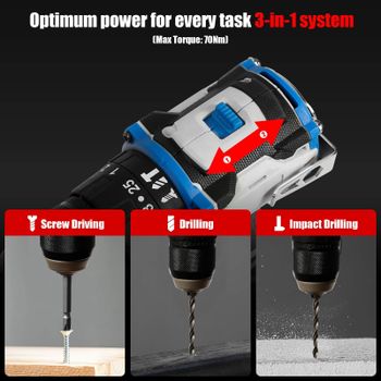 Taladro Atornillador de Impacto Inalámbrico 3 en 1 sin Escobillas, Ajuste de Torque 25+1, Velocidad Variable con Luz de Trabajo LED Automática, Torque Máximo de 70N.m, Compatible con Baterías de Litio