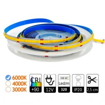 Tira LED COB Alta Densidad 320 LED/m 6000K CRI>90 5m Corte 2,5 cm 10W/m Adhesiva