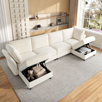 Canapé De Esquina Modular De 6 Plazas En Forma De U O L, Con Puff De Almacenamiento, Diseño Nubes, Tela Chenilla, Beige, Para Salón Y Dormitorio