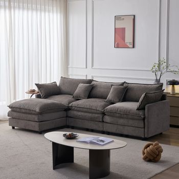 Sofá Rinconera Modular Gris De 3 Plazas, Chaise Longue Con Puf Móvil, 267 × 154 × 85 Cm