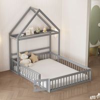 cama infantil 140 x 200 cm con rejilla protectora y puerta - cabecero separable - madera maciza  mdf - gris